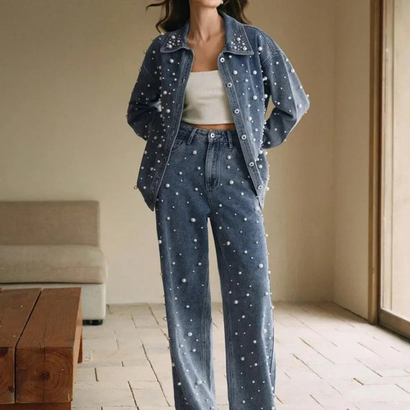 Blue Casual Women's Pearl and Rhinestone Decorated Button-Up Long Denim Blouse - Picture 7 of 7